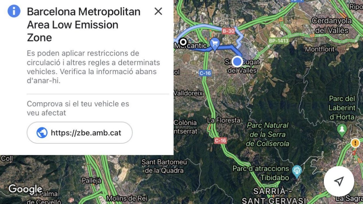 Google Maps incorpora avisos en rutes que passin per la Zona de Baixes Emissions de Sant Cugat