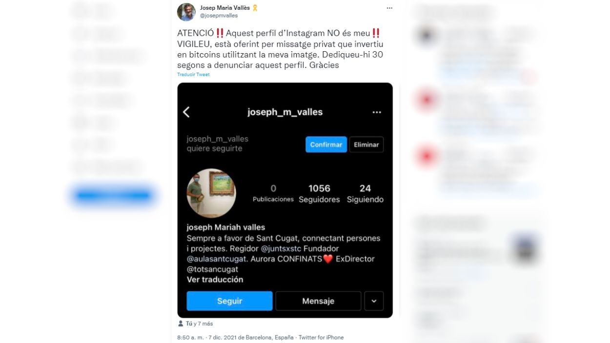 El regidor Josep Maria Vallès alerta d'un perfil fals d'Instagram que utilitza el seu nom i imatge