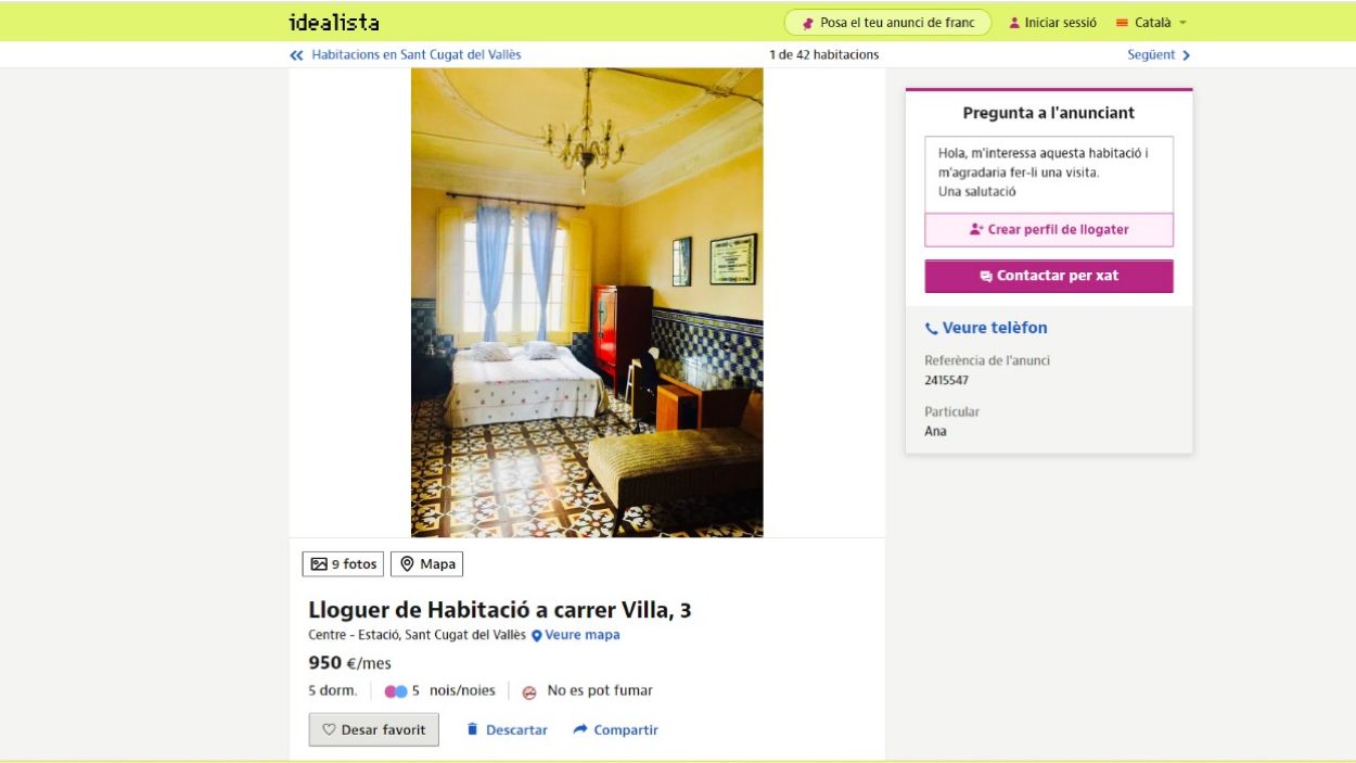 950 euros al mes, el preu de l'habitació de lloguer més cara de Sant Cugat
