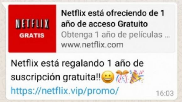 Alerta per una estafa a Whatsapp que ofereix un any de subscripció gratuïta a Netflix a canvi de dades
