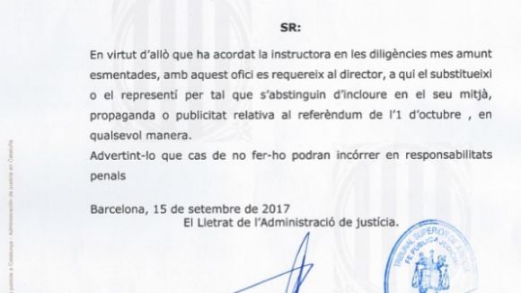 Fiscalia adverteix el grup Totmedia d'abstenir-se de publicar publicitat sobre l'1-O