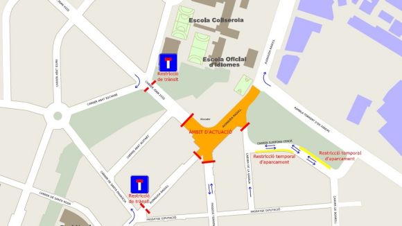 Tall de trànsit a la cruïlla de l'avinguda de Ragull amb carrer de Joan XXIII per les obres del carril bici