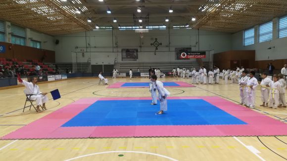 Una vuitantena d'alumnes exhibeix al pav 2 els moviments apresos a la 5a Trobada de Karate