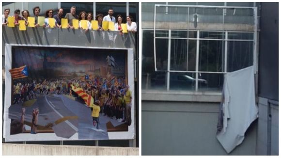 Fan malbé un llenç sobre l'1-O que penjava a la façana del Centre de Restauració de Béns Mobles