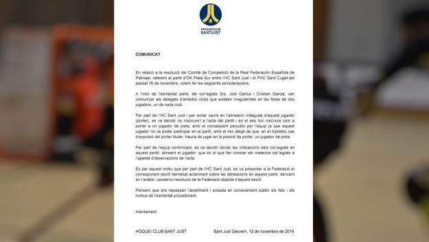 L'Hoquei Club Sant Just lamenta que el Patí Hoquei ignorés les advertències dels àrbitres