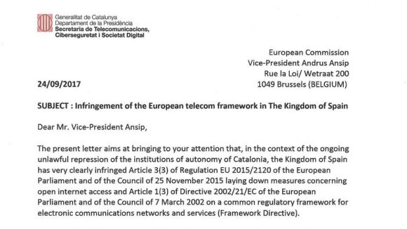 La Generalitat denuncia a la Comissió Europea 'els abusos i la censura de l'Estat' en l'accés a Internet
